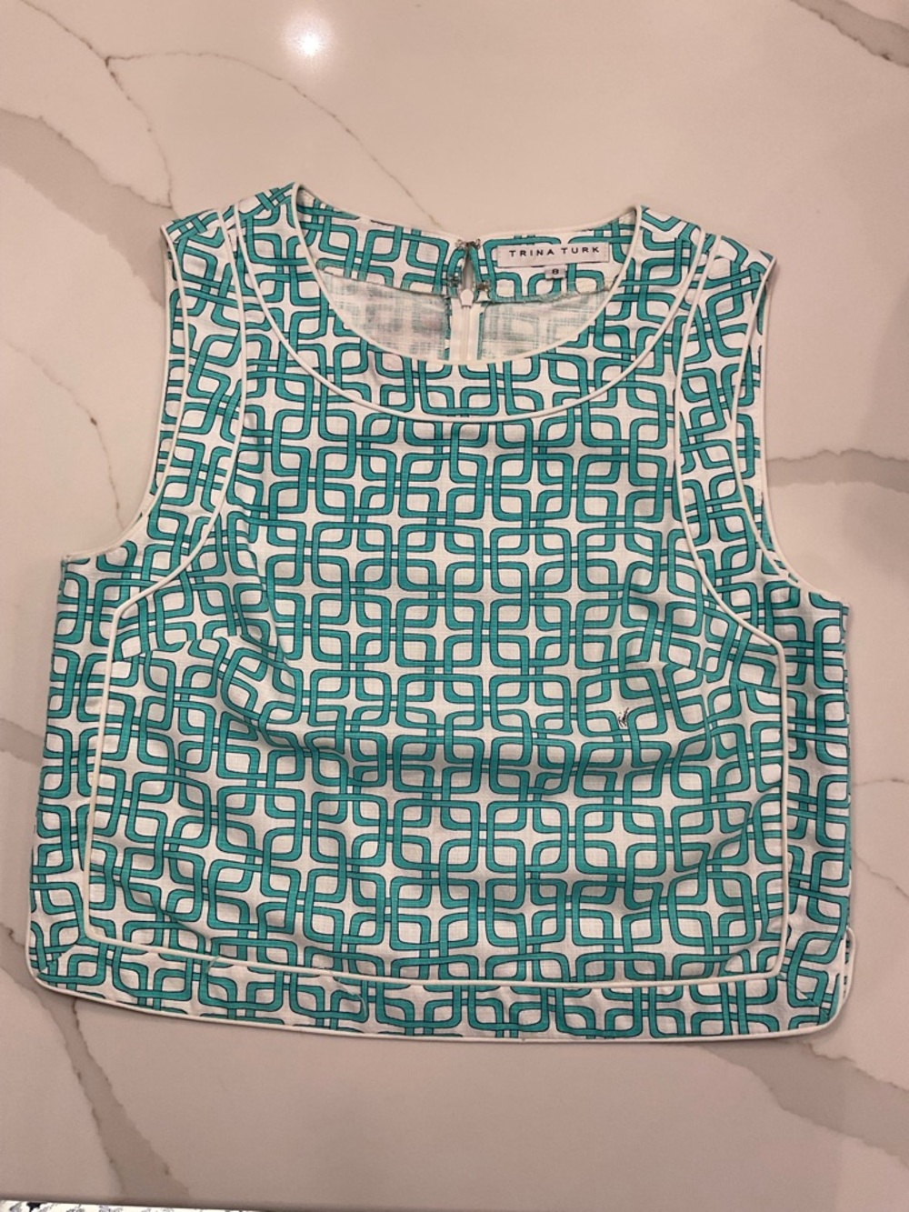 Trina Turk Teal and White Geometric Sleeveless Top